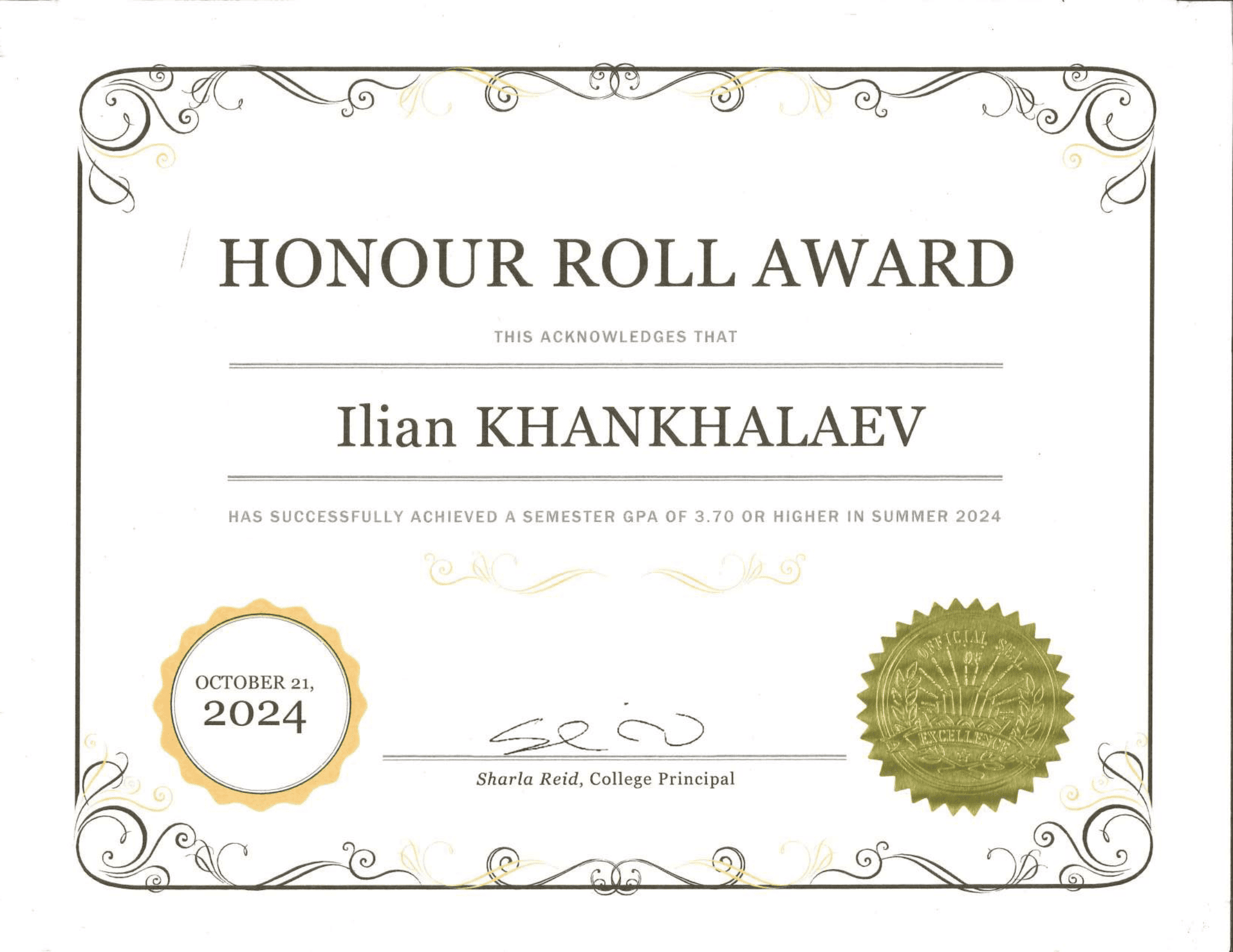 Dean's Honour Roll certificate preview